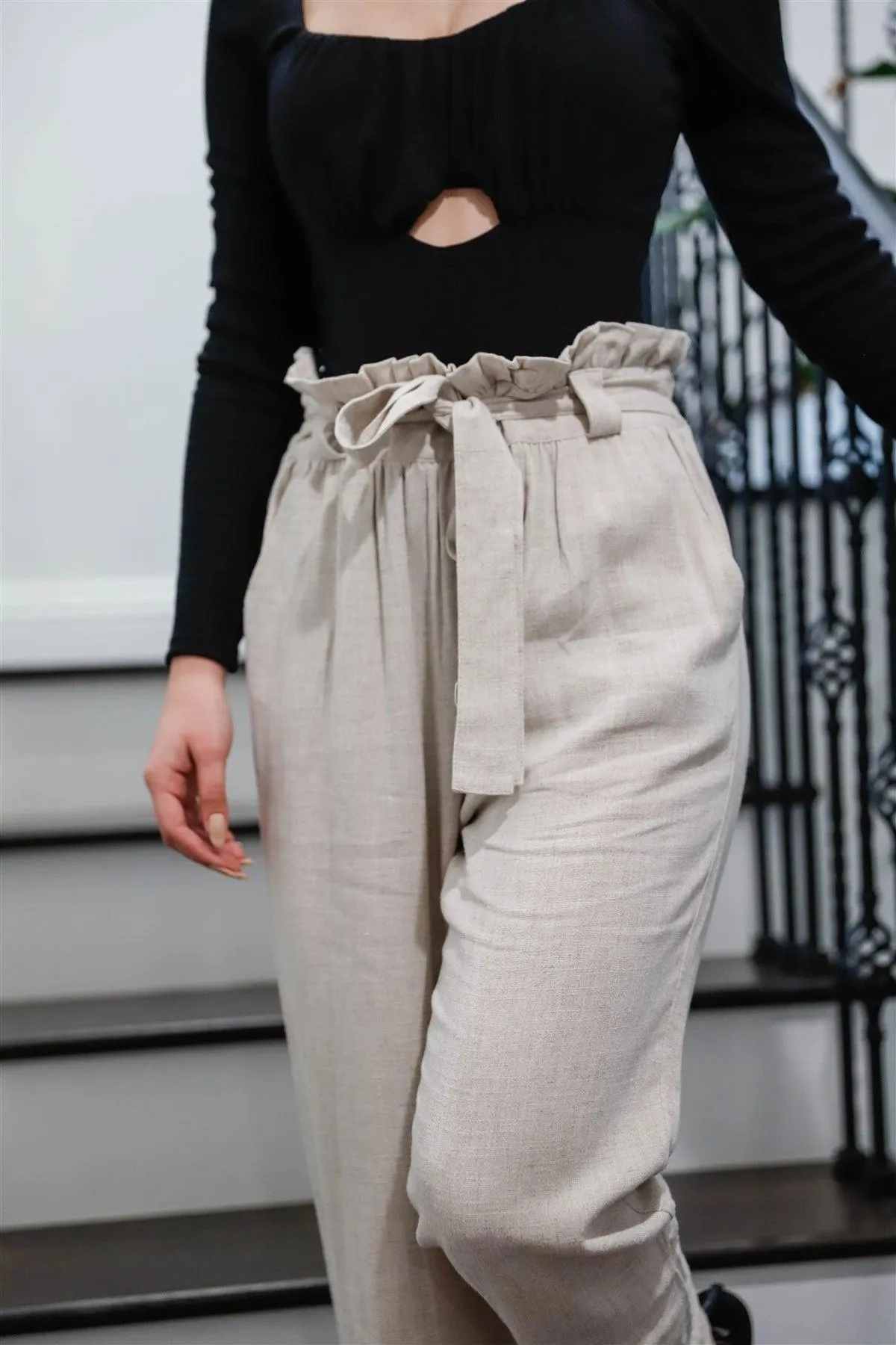 Beige Viscose & Linen Blend Self-Tie Belted Pants /1-2-1