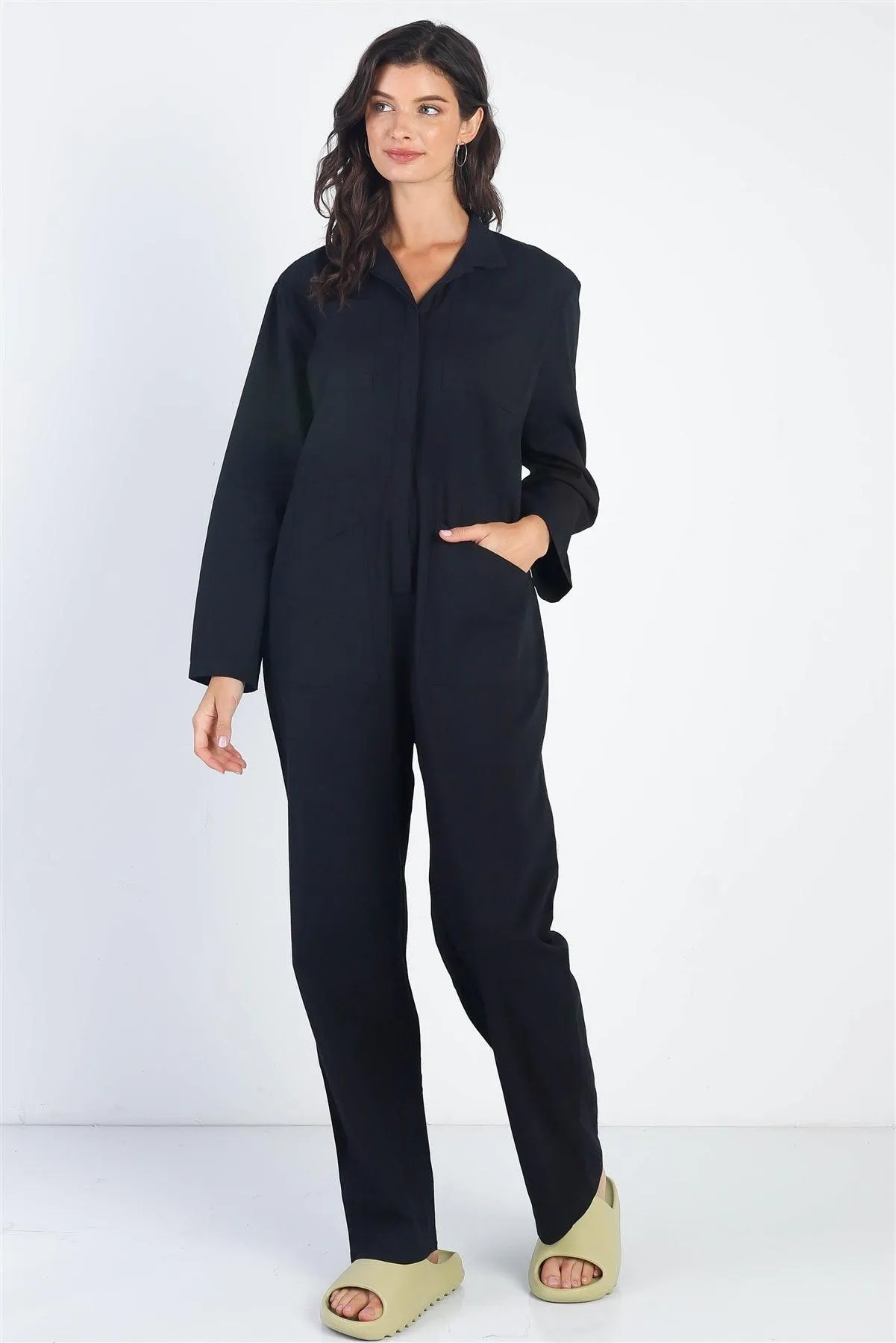 Black Collared Button-Up Long Sleeve Jumpsuit /1-2-2