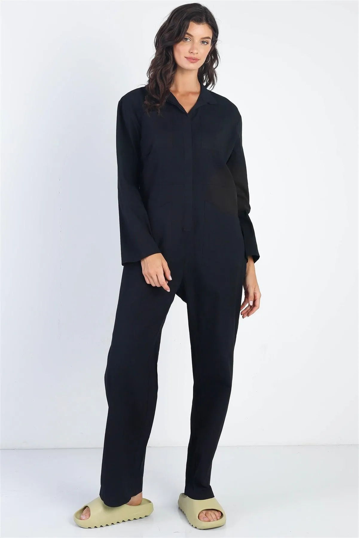 Black Collared Button-Up Long Sleeve Jumpsuit /1-2-2