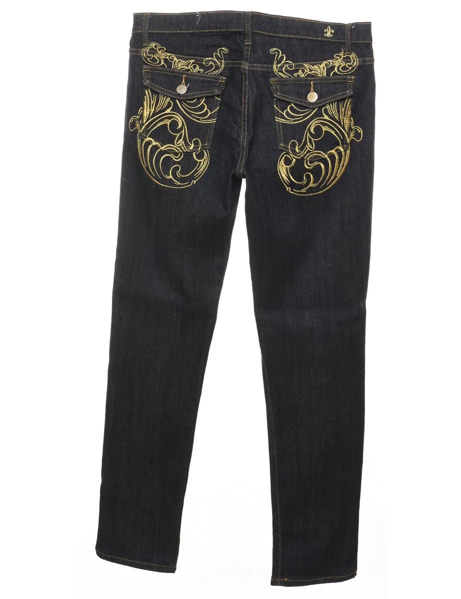 Black Embroidered Y2K Style Jeans - W34 L30