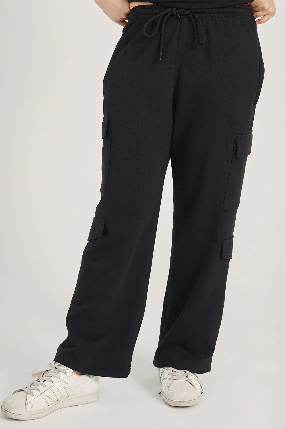 Black Wide Legged Cargo Trousers - W