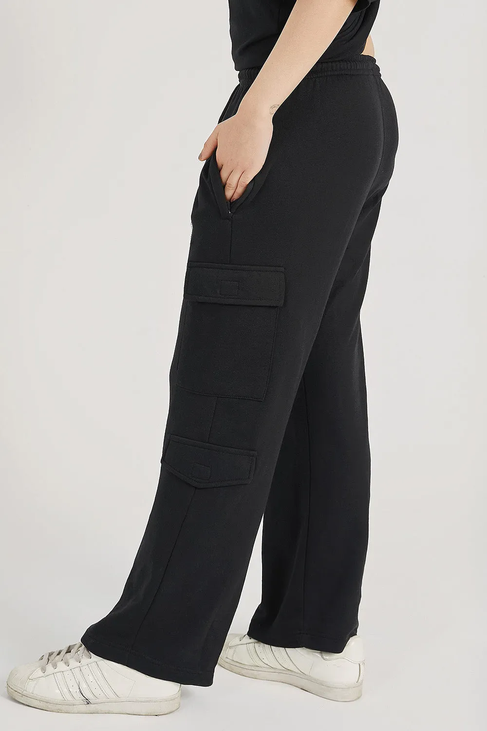 Black Wide Legged Cargo Trousers - W