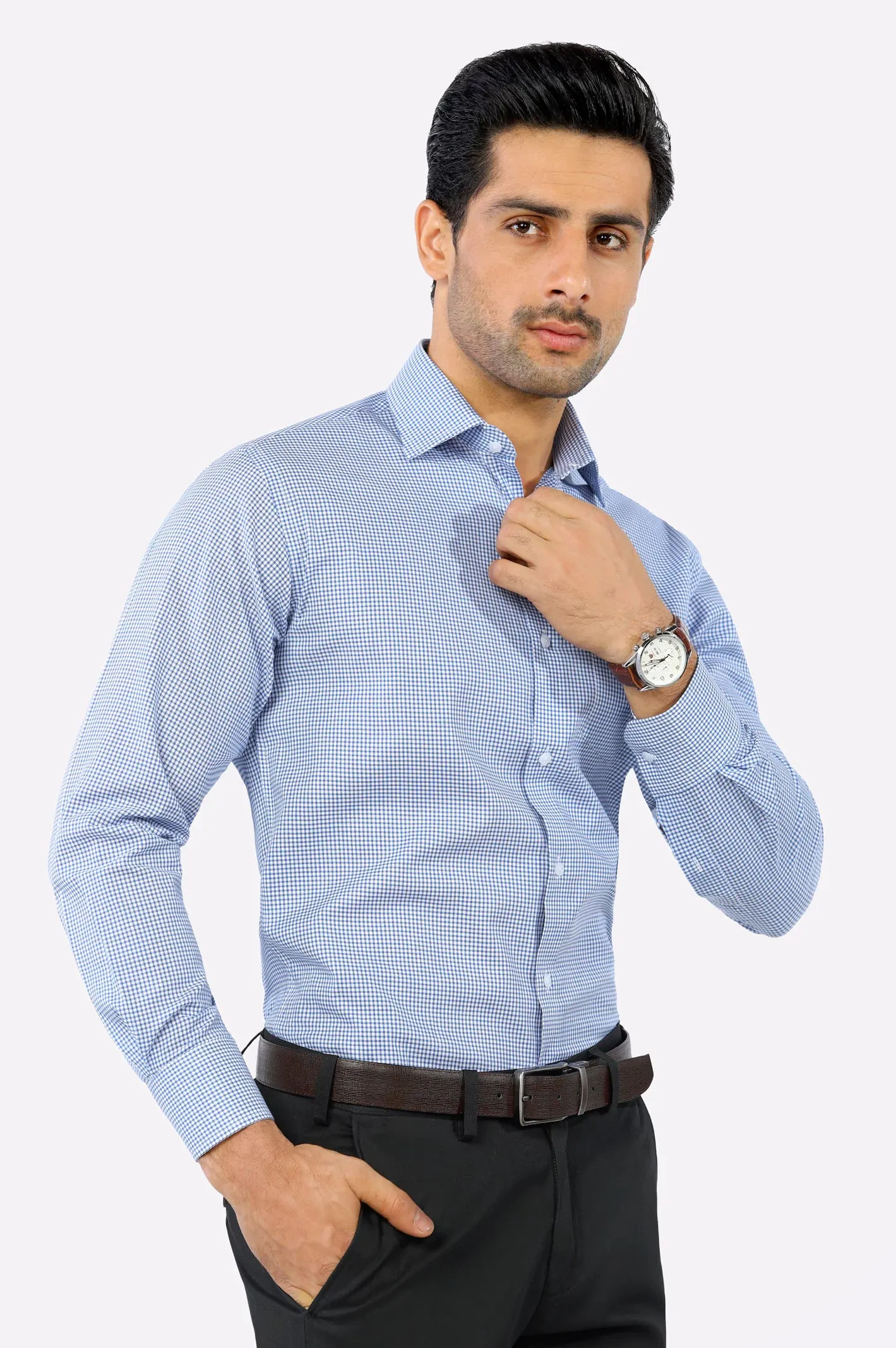 Blue Mini-Check Formal Shirt