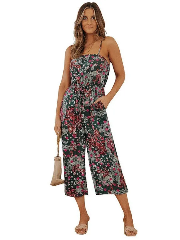 Bohemian Style Sleeveless Jumpsuit With Printed Belt And Suspender Pocket