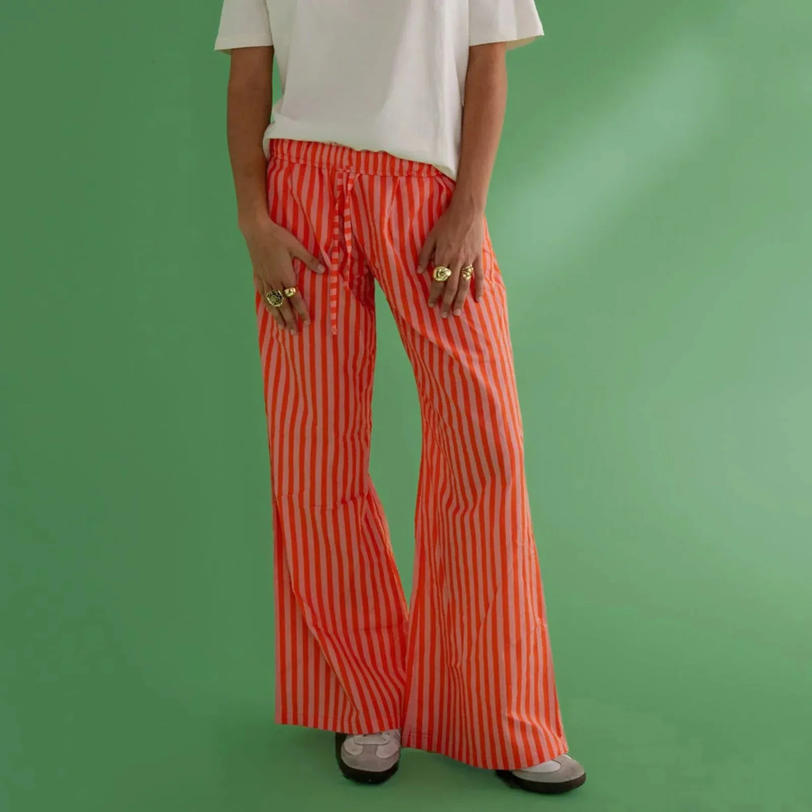 Bonnyshow Women's Y2K Vintage Summer Baggy Long Pants Drawstring Elastic Low Waist Wide Leg Striped Trousers with 2 Pockets