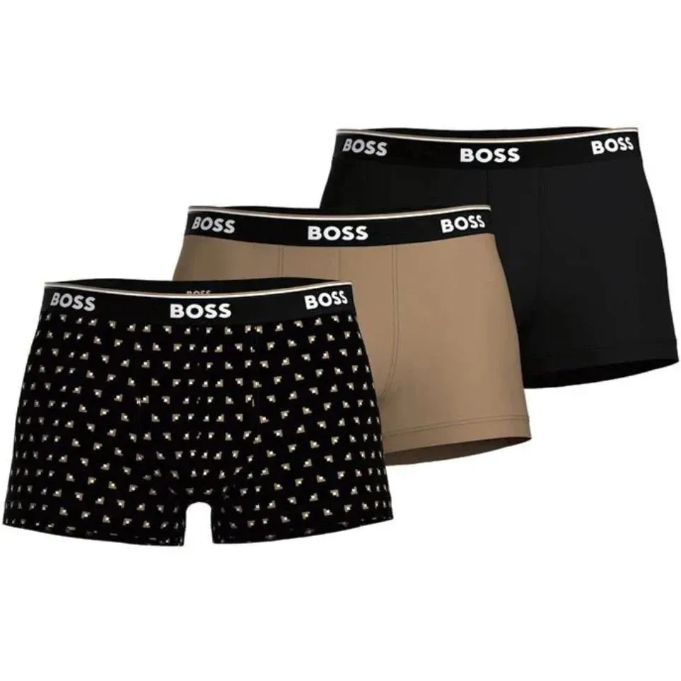 BOSS Men's Power 3 Pack Trunks - Black/Beige with Power Logo Waistband and Geo Print