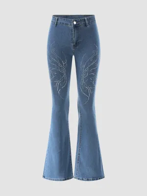 Butterfly Rhinestone Button Flared Jeans