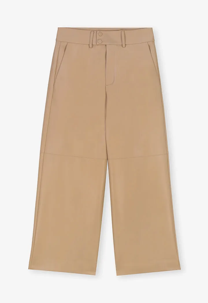 Choice Solid Leather Wide Legs Trousers Beige