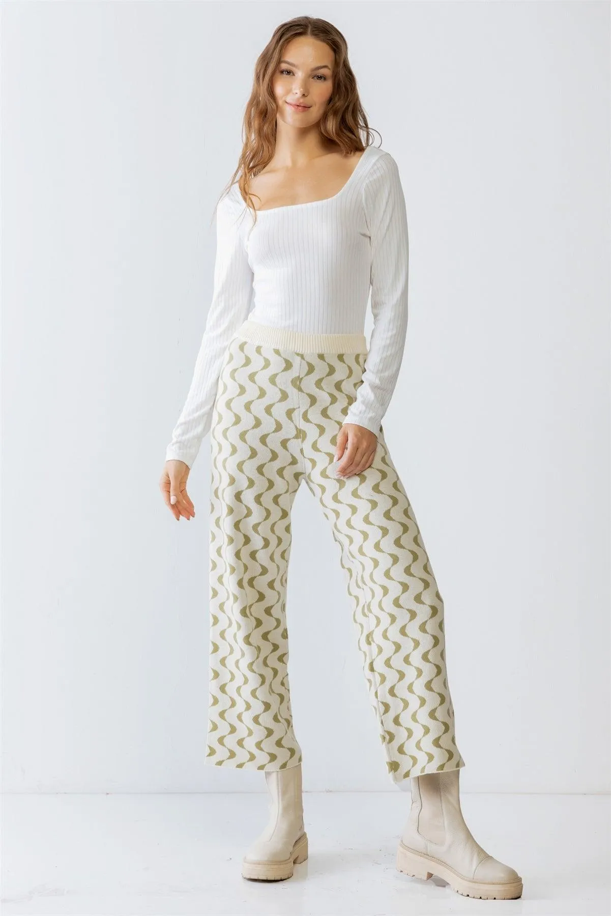 Cream & Green Wavy Line Print Knit High Waist Wide Leg Pants S-M-L/1-2-1