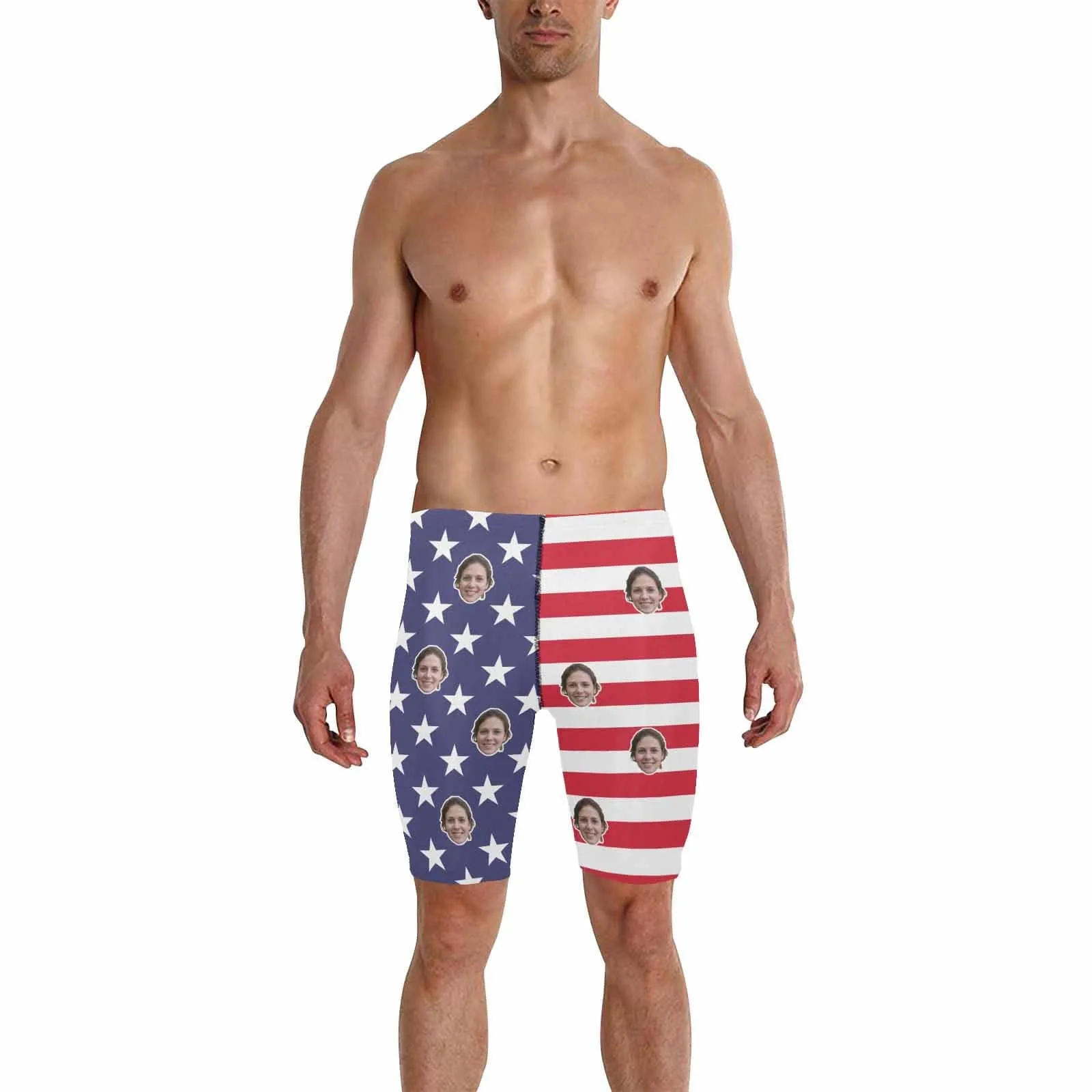 Custom Face American Flag Stars Men's Swim Shorts Personalized Triangle Swim Briefs Men's Knee Surf Shorts Funny Swim Trunks for Holiday