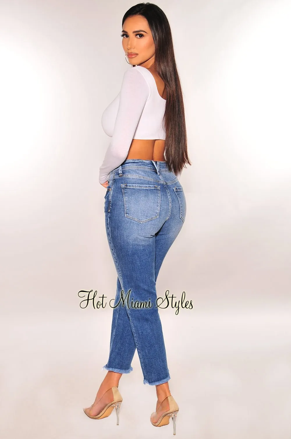 Dark Denim Wash High Waist Frayed Hem Straight Leg Jeans