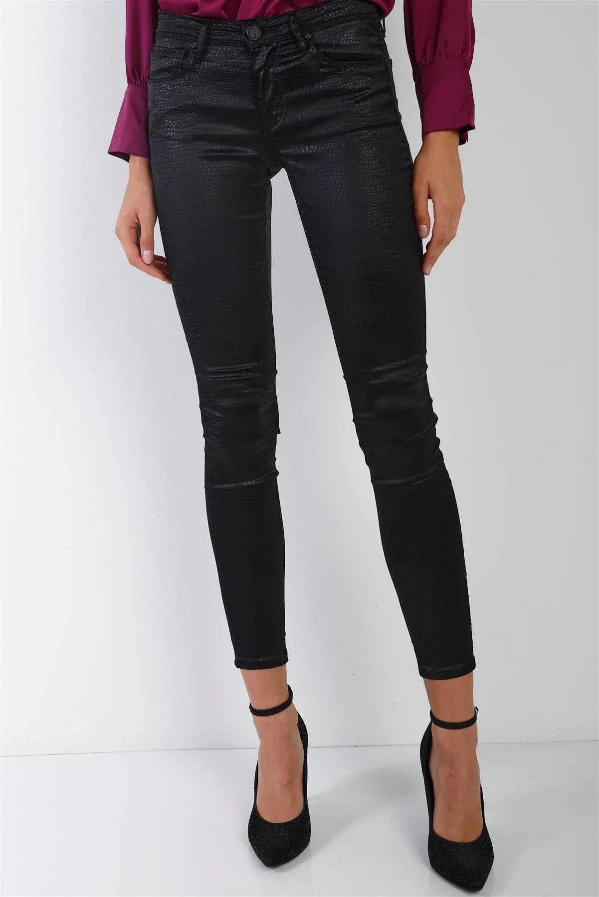 David Bitton Black Snake Pressed Print Glossy Low Rise Skinny Pants