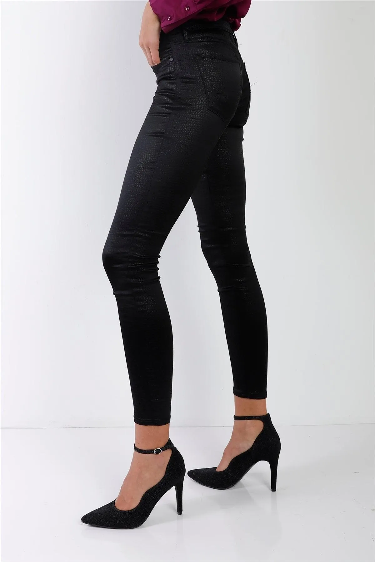 David Bitton Black Snake Pressed Print Glossy Low Rise Skinny Pants