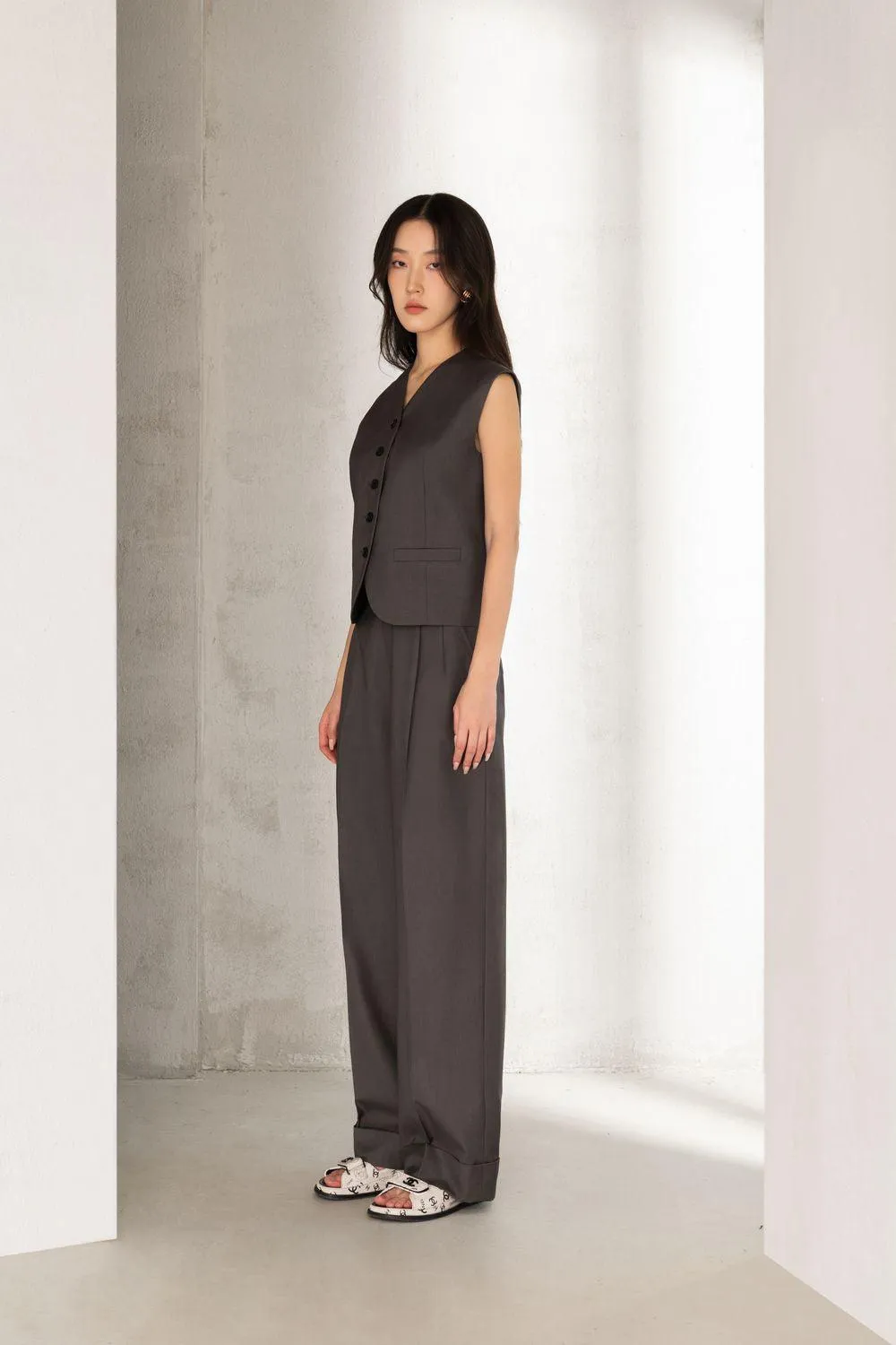 Evie Straight Button Pocket Polycotton Floor Length Trousers