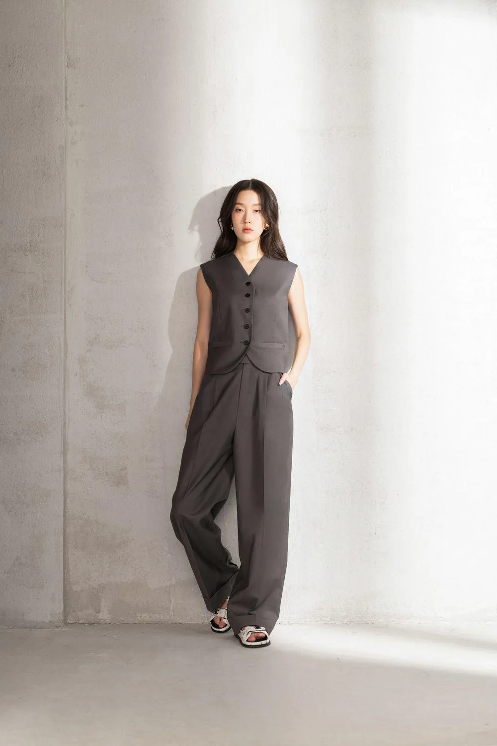 Evie Straight Button Pocket Polycotton Floor Length Trousers