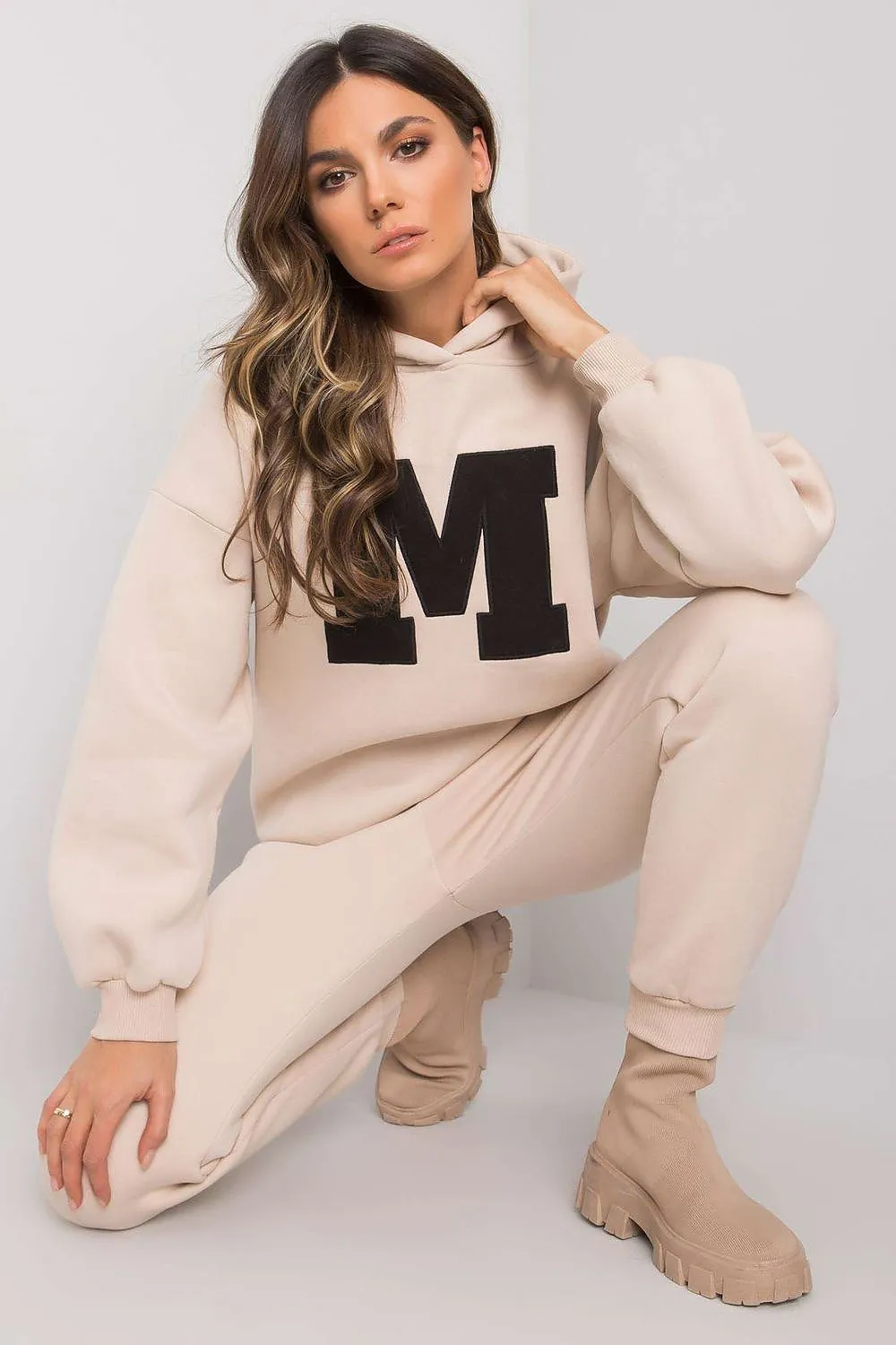 EX MODA Women's European 2 Piece Hooded Sweatshirt with Letter M and Trousers Set