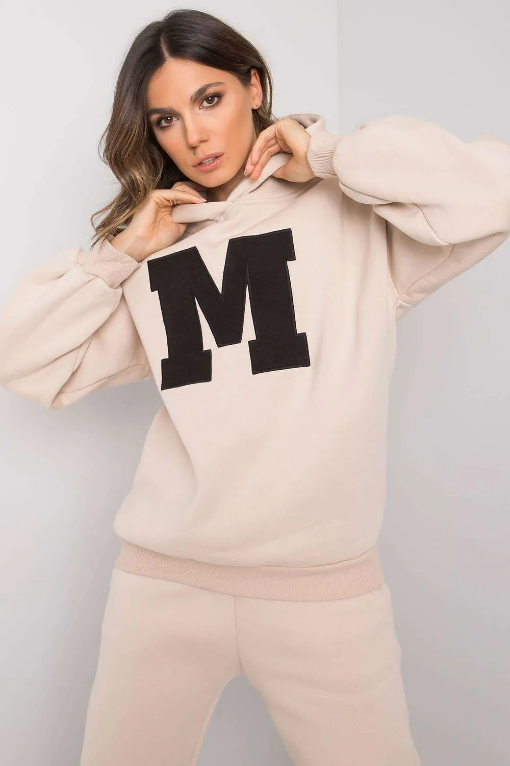 EX MODA Women's European 2 Piece Hooded Sweatshirt with Letter M and Trousers Set