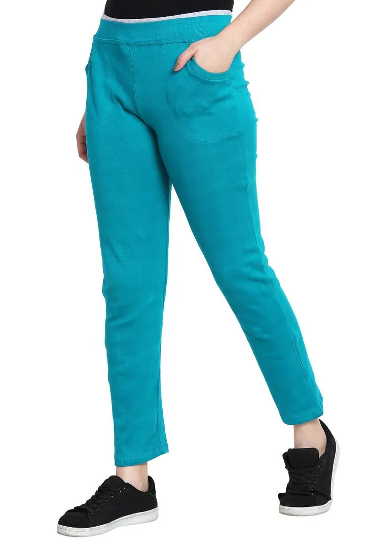 Fashionable Turquoise Cotton Solid Trouser For Women