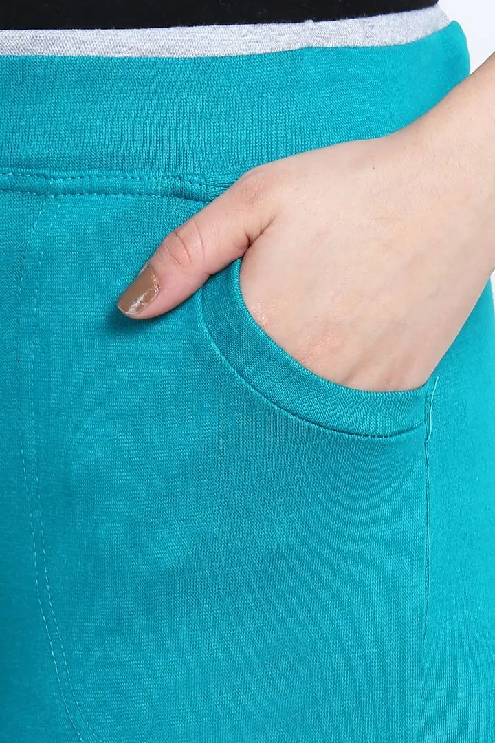 Fashionable Turquoise Cotton Solid Trouser For Women