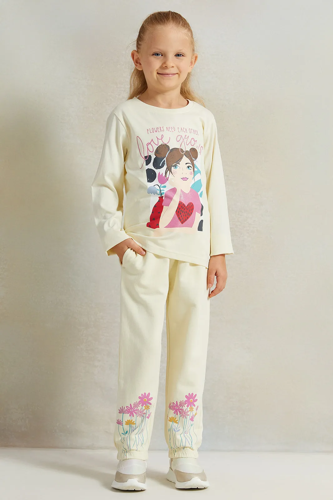 Girls Cream Flower Placement Print Track Pants