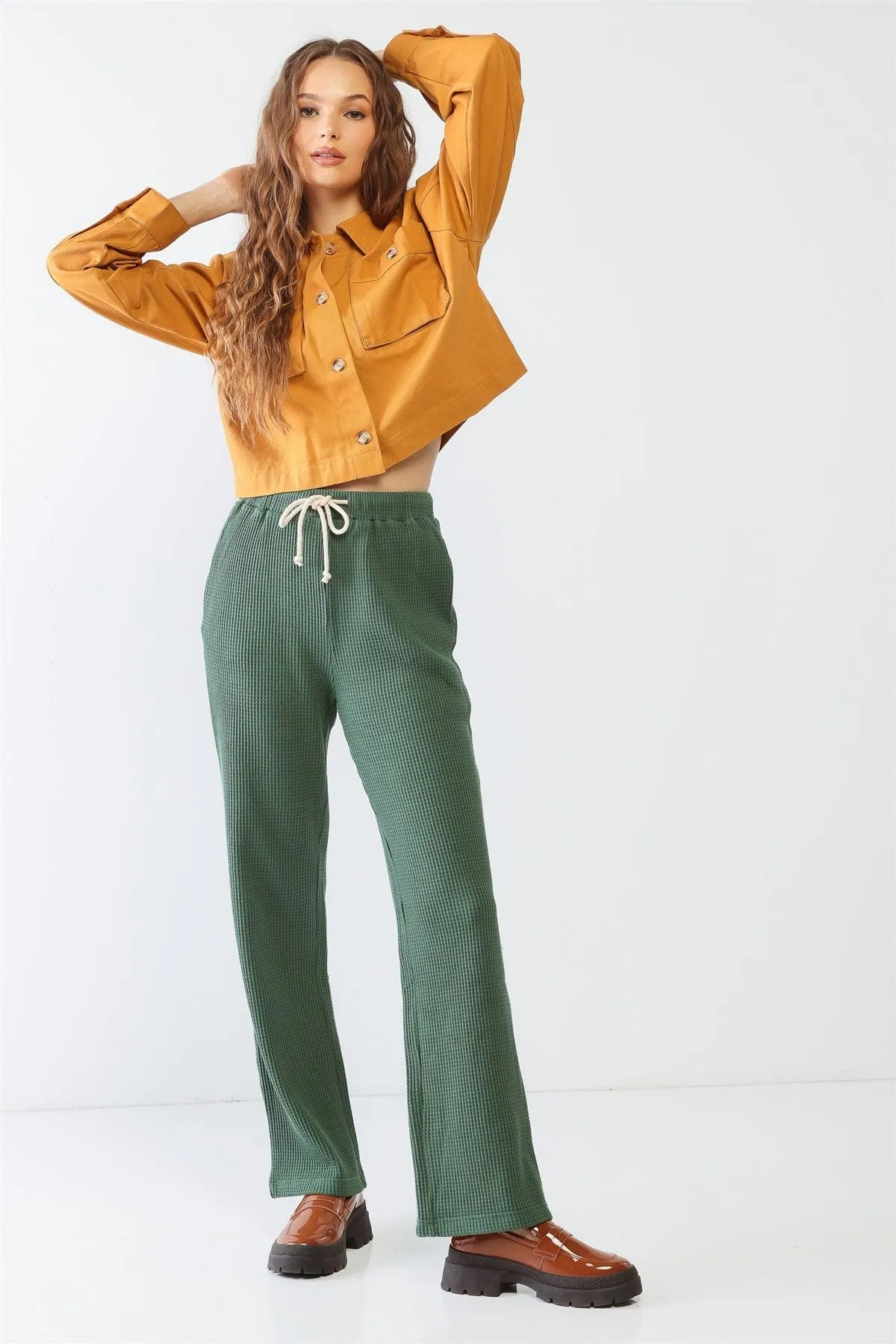 Green Cotton Waffle Knit Three Pocket High Waist Pants /1-2-2-1