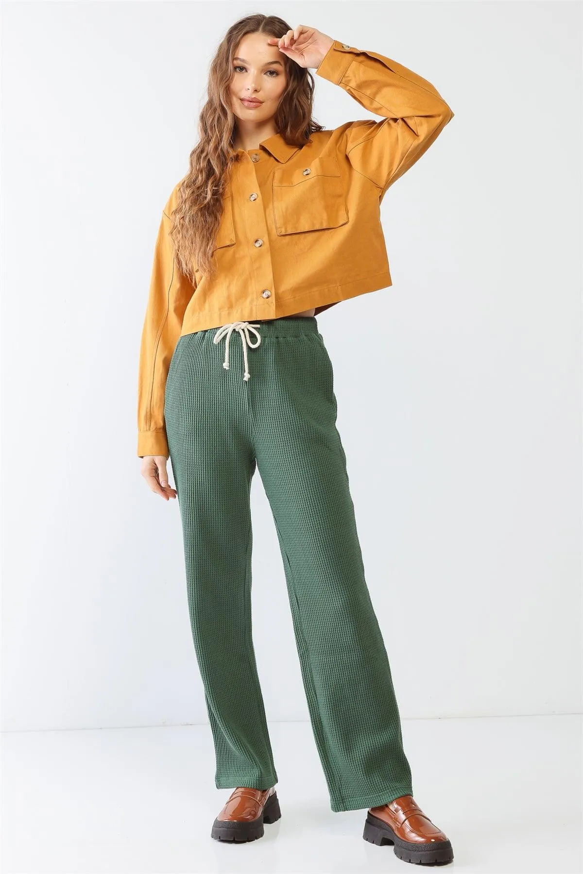 Green Cotton Waffle Knit Three Pocket High Waist Pants /1-2-2-1