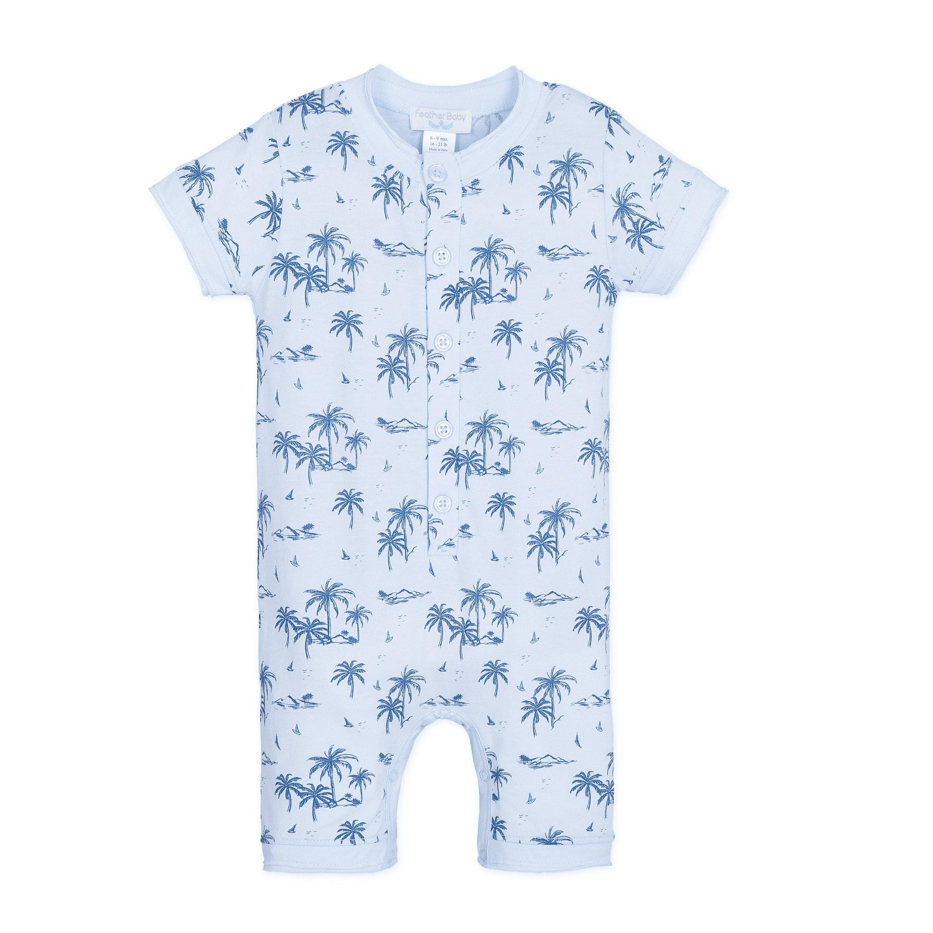 Henley Romper | Vintage Hawaii - Indigo on Baby Blue 100% Pima Cotton