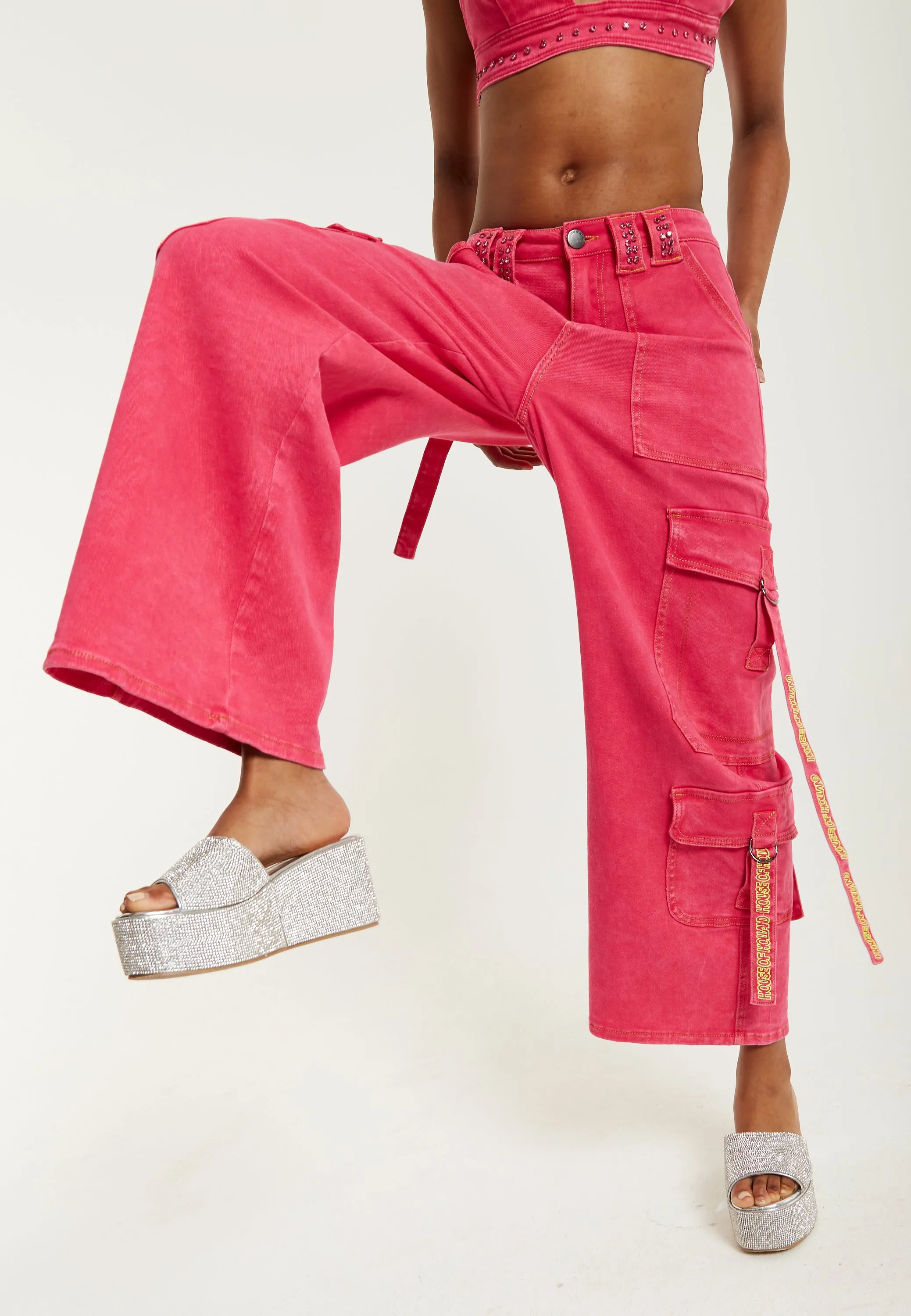 House of Holland Hot Pink Denim Wide Leg Cargo Trousers