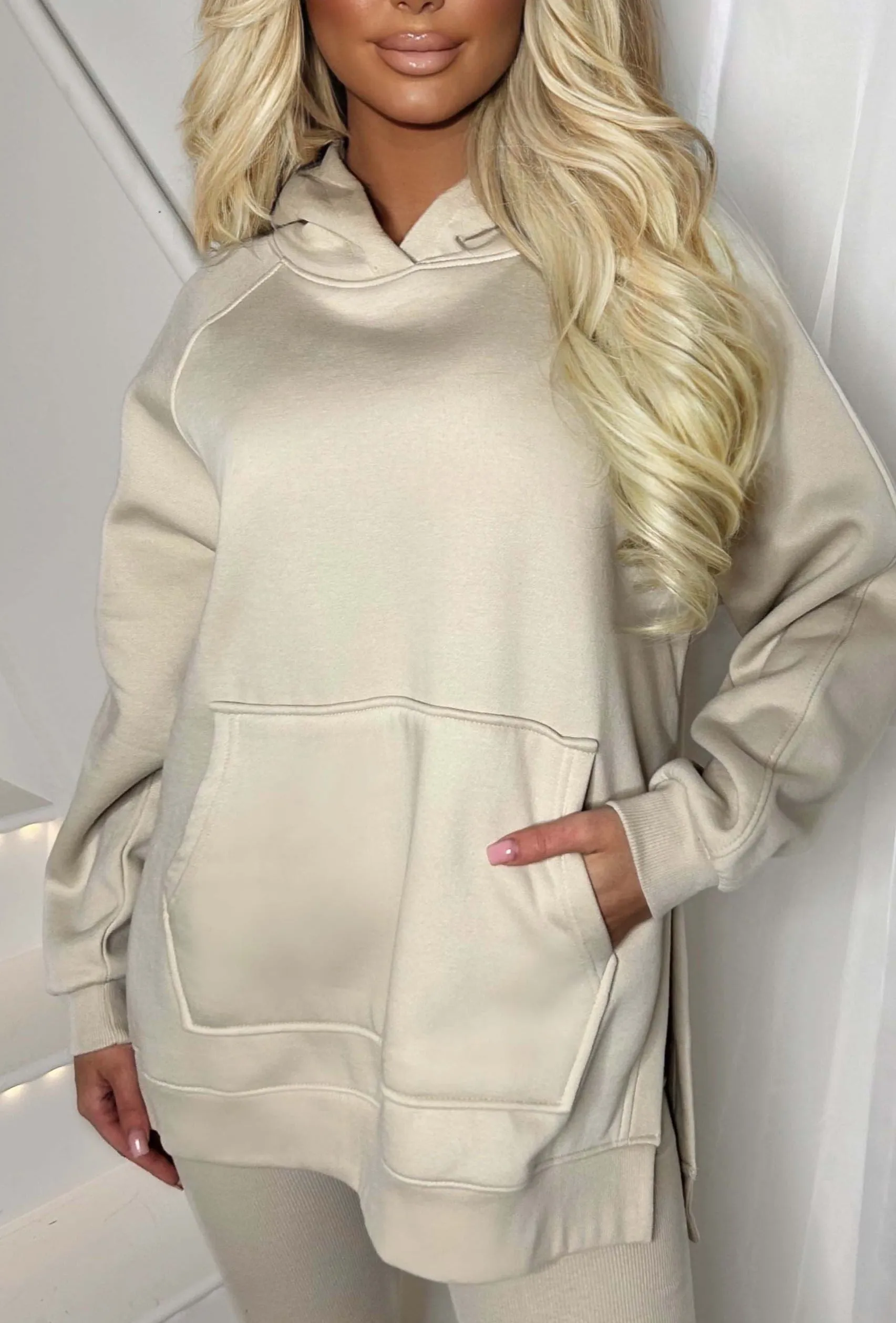 Living The Life Cream Oversized Hood With Ribbed Leggings Two Piece Loungewear Set