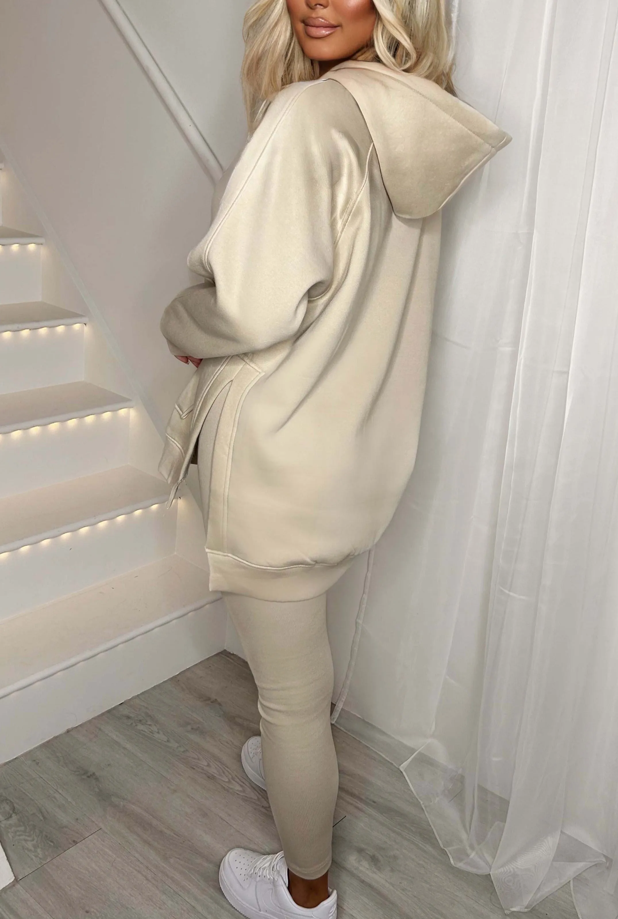 Living The Life Cream Oversized Hood With Ribbed Leggings Two Piece Loungewear Set