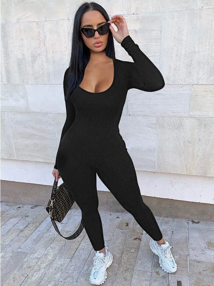 Long Sleeve Scoop Neck Bodycon Jumpsuits