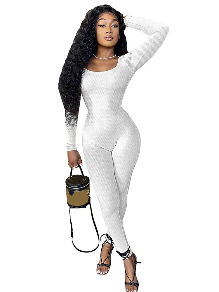 Long Sleeve Scoop Neck Bodycon Jumpsuits