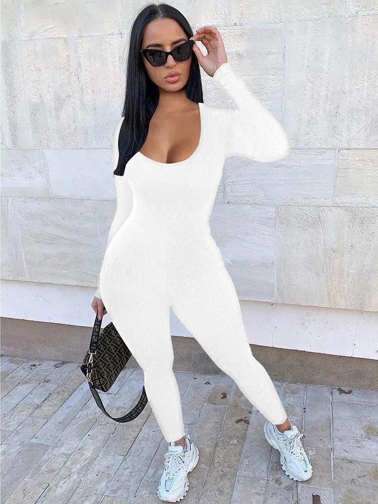 Long Sleeve Scoop Neck Bodycon Jumpsuits