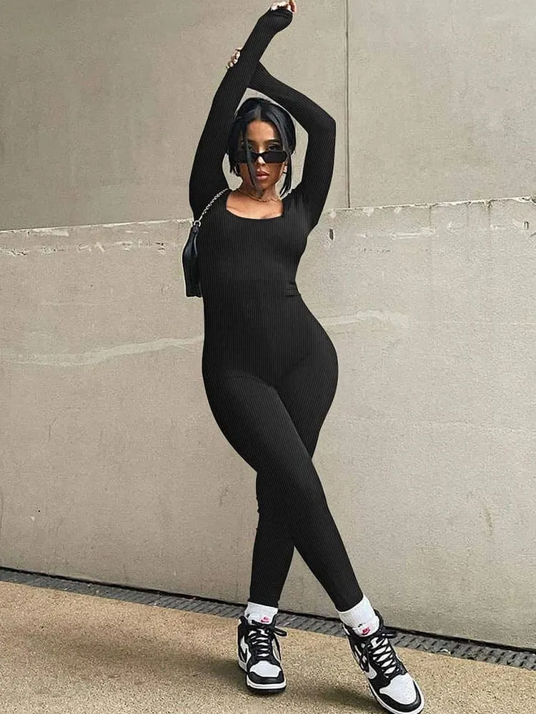 Long Sleeve Scoop Neck Bodycon Jumpsuits