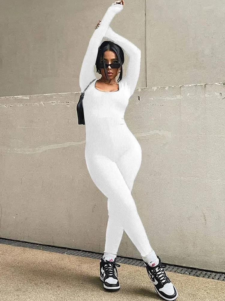 Long Sleeve Scoop Neck Bodycon Jumpsuits