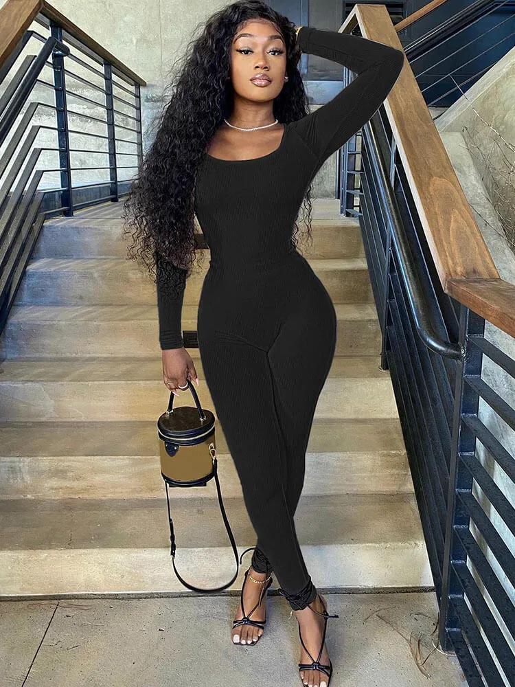 Long Sleeve Scoop Neck Bodycon Jumpsuits