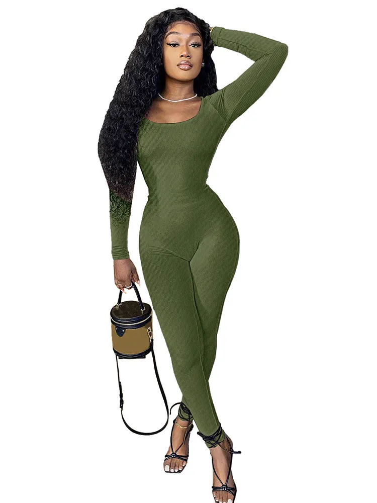 Long Sleeve Scoop Neck Bodycon Jumpsuits