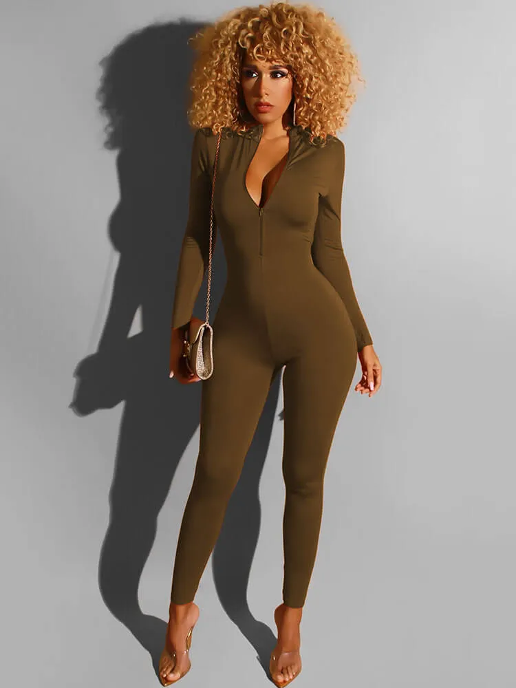 Long Sleeve Solid Color Zipper Jumpsuits