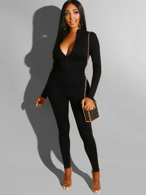 Long Sleeve Solid Color Zipper Jumpsuits