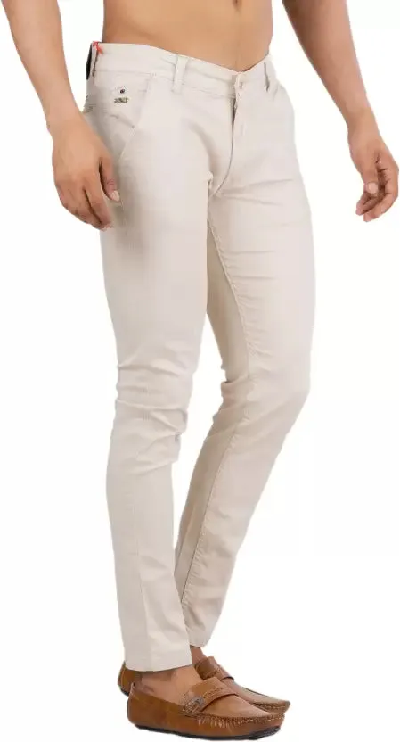 Men Slim Fit Cream Cotton Blend Trousers