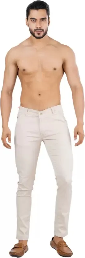 Men Slim Fit Cream Cotton Blend Trousers