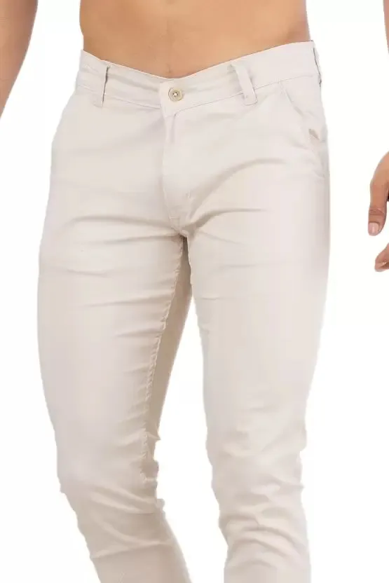 Men Slim Fit Cream Cotton Blend Trousers