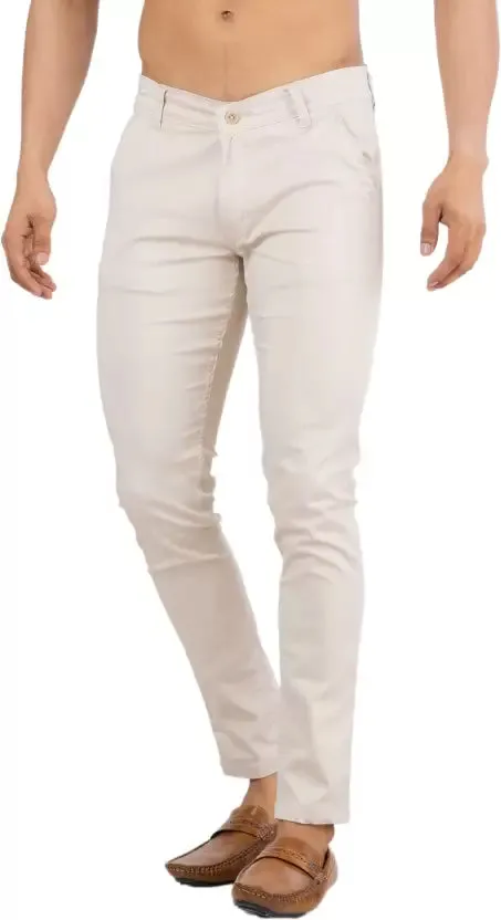 Men Slim Fit Cream Cotton Blend Trousers