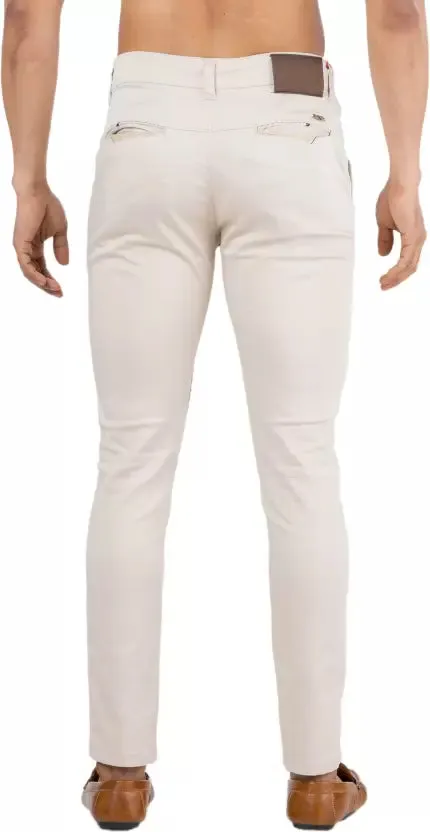 Men Slim Fit Cream Cotton Blend Trousers