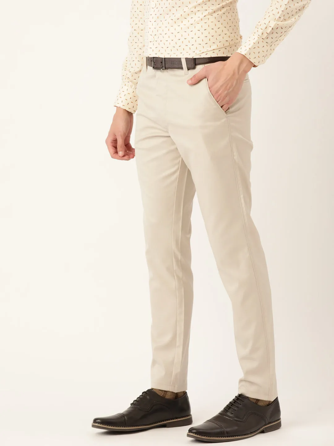 Men's Cotton Blend Beige Solid Formal Trousers - Sojanya