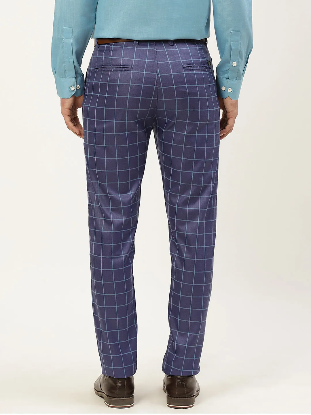 Men's Cotton Blend Royal Blue & Blue Checked Formal Trousers - Sojanya