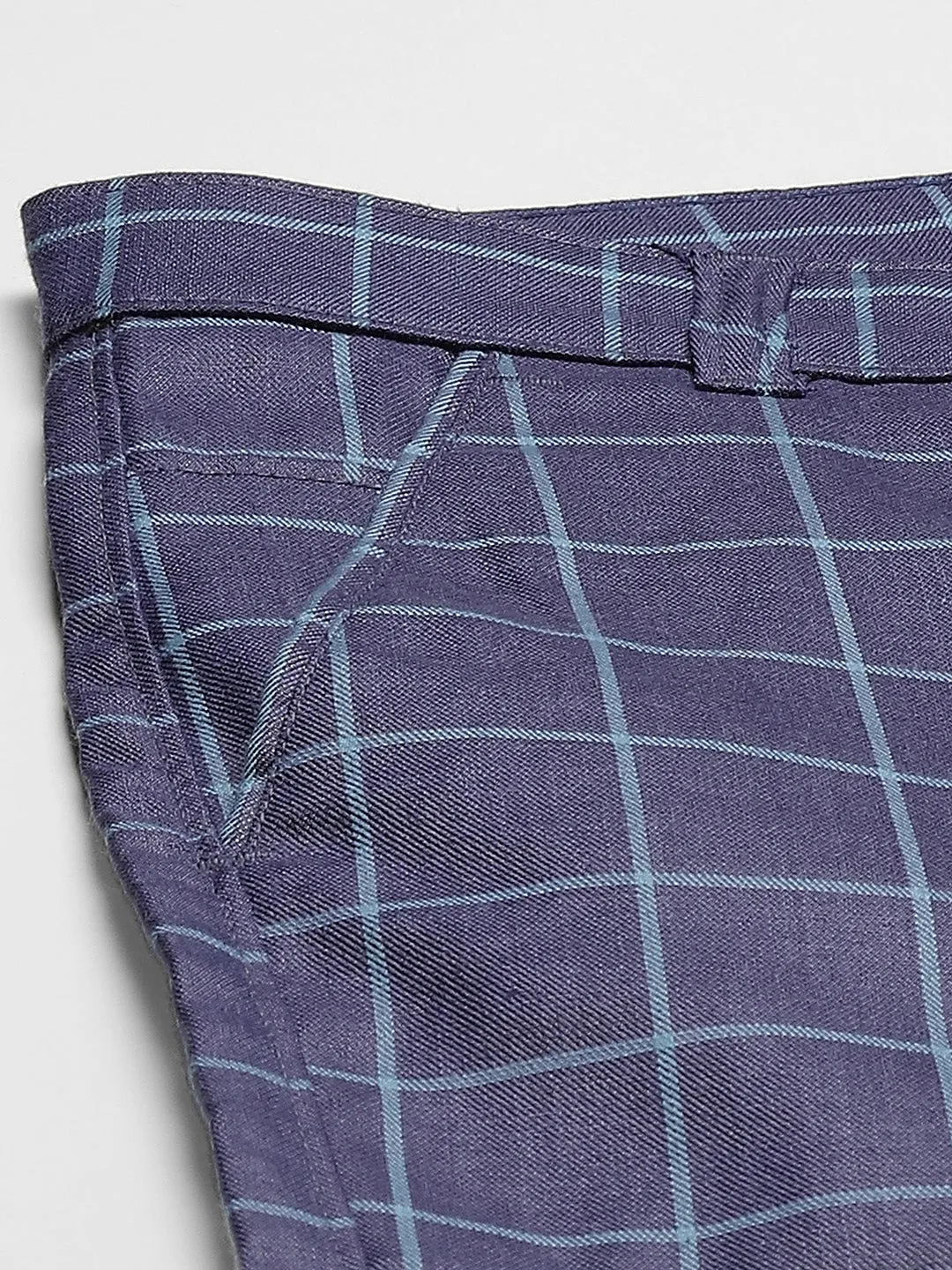 Men's Cotton Blend Royal Blue & Blue Checked Formal Trousers - Sojanya