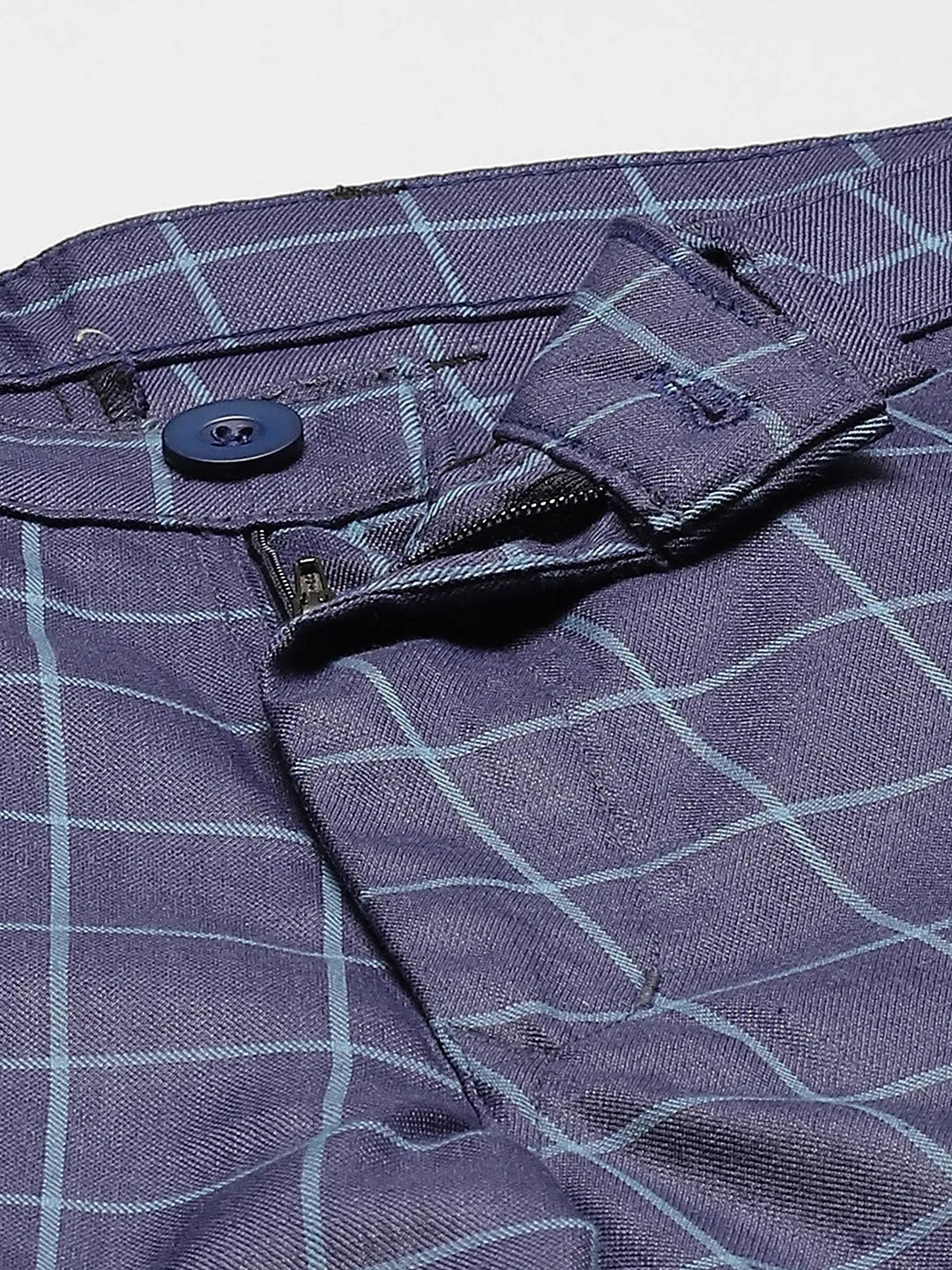 Men's Cotton Blend Royal Blue & Blue Checked Formal Trousers - Sojanya