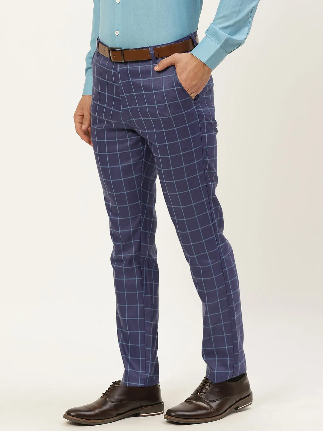 Men's Cotton Blend Royal Blue & Blue Checked Formal Trousers - Sojanya