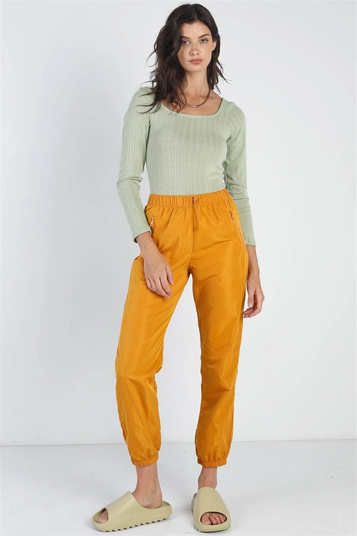 Mustard Glossy High Waist Cargo Jogger Pants /2-2-2